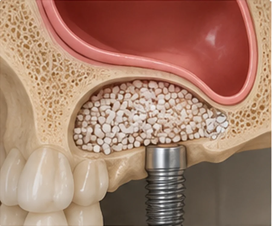 Ilustración anatómica de una elevación de seno maxilar con aumento de hueso para implantes dentales.
