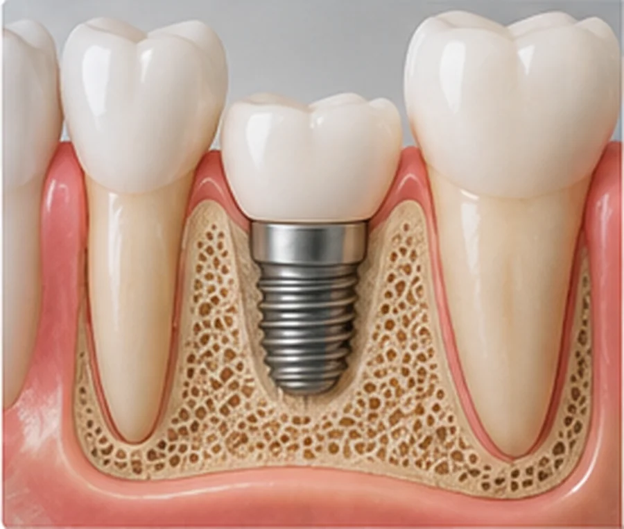 Representación anatómica de un implante dental corto colocado en una zona con altura ósea limitada.