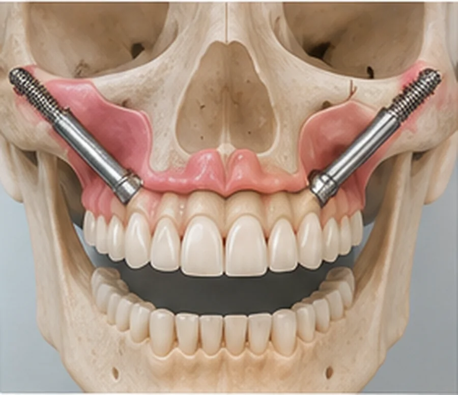 Ilustración de implantes cigomáticos con anclaje en el hueso cigomático en casos de pérdida ósea maxilar.