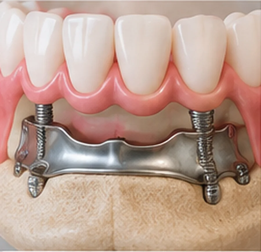 Representación de una estructura implantológica subperióstica adaptada a la superficie del hueso maxilar.