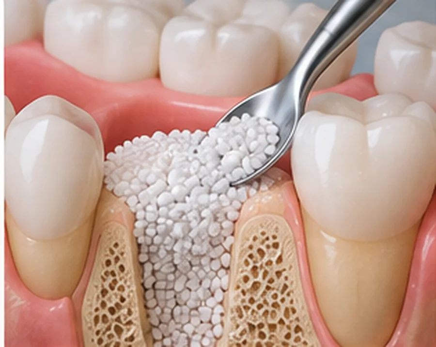 Ilustración de regeneración ósea con biomaterial para aumentar el volumen de hueso disponible para implantes.