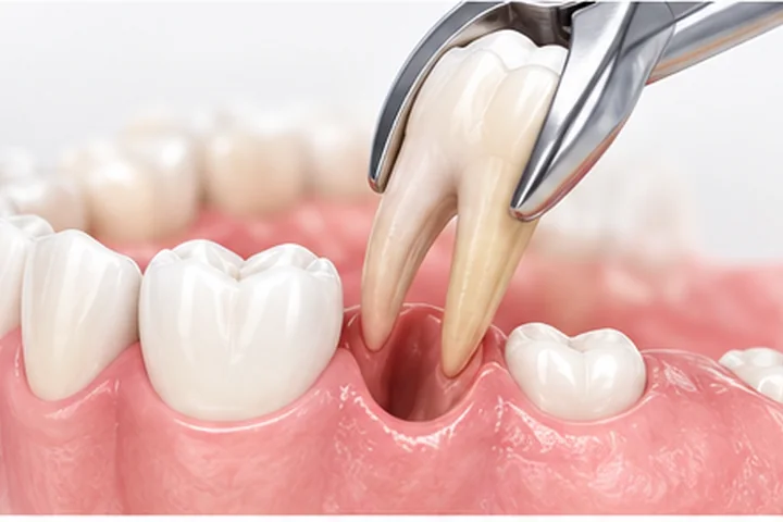 Ilustración de una extracción dental quirúrgica con instrumental odontológico