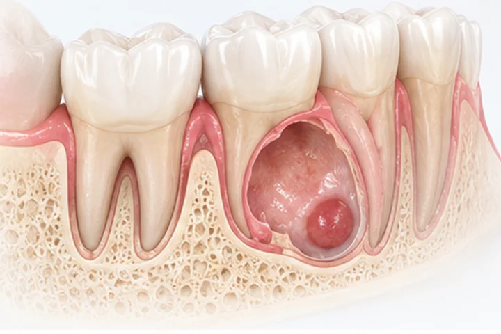 Ilustración médica de una lesión quística en el hueso maxilar junto a las raíces dentales